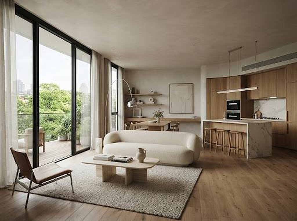 Cocina abierta y sala de estar del apartamento de 46 m²
