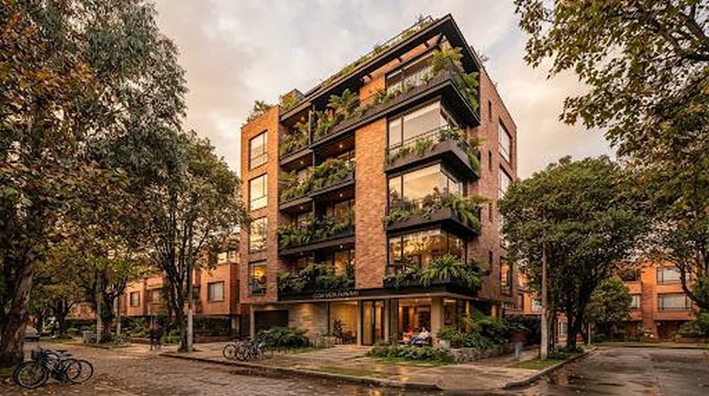 Fachada de ladrillo y acero de Bohème Apartamentos en La Soledad
